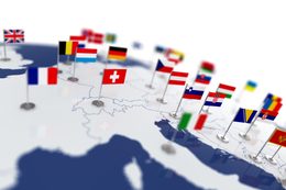 Europe map with countries flags. Shalow focus 3d illustration isolated on white background